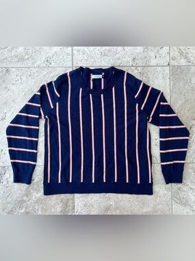 Galeries Lafayette Cashmere Cotton Striped Jumper Sweater in Navy Blue, size L